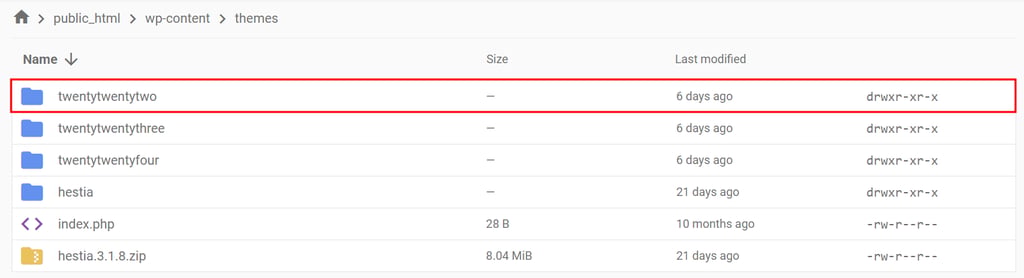 Hostinger's File Manager, highlighting the active theme's folder