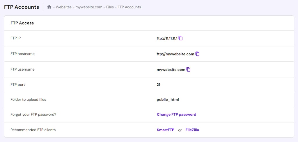 FTP Accounts section in Hostinger's hPanel