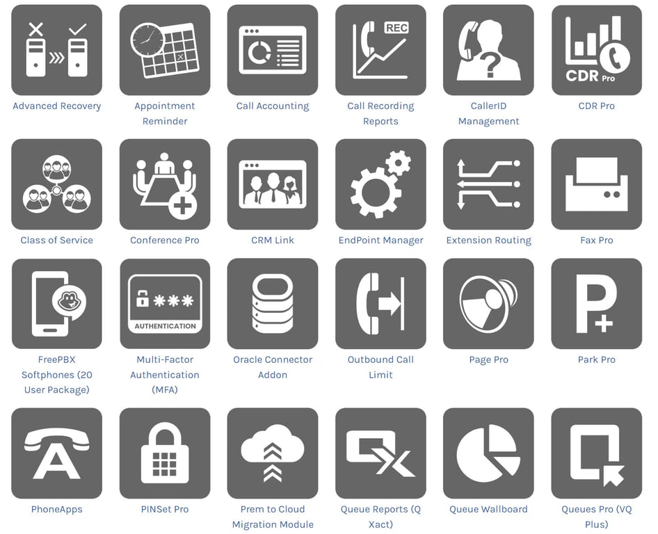 A screenshot showing some of the FreePBX add-ons, or modules, available on the FreePBX website