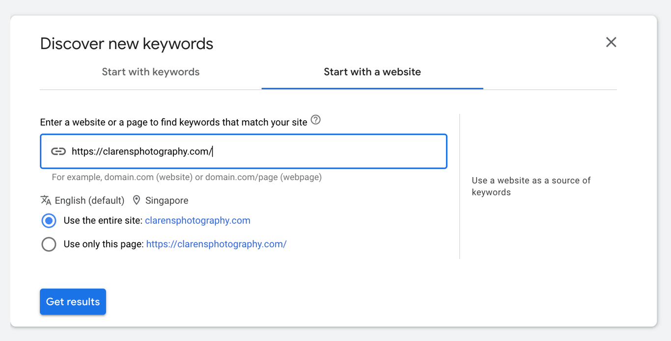 Google Keyword Planner discover new keywords with a website option