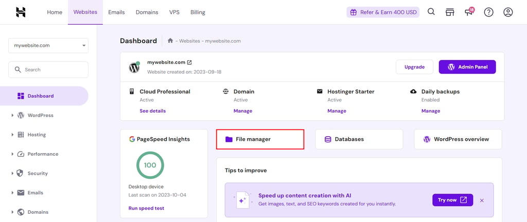 The button to access File Manager from the hPanel dashboard
