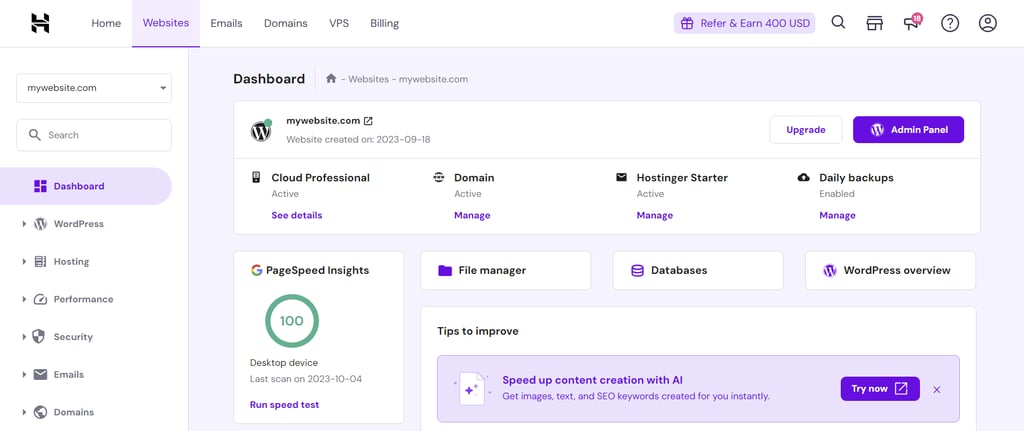 The main view of the Websites section in hPanel
