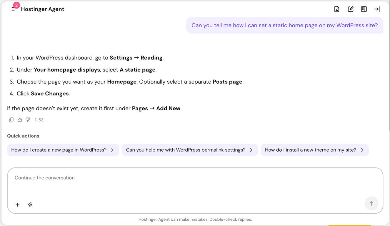 Hostinger Agent chat explaining how to set a static home page in WordPress, with four steps to navigate to Settings &rarr; Reading and select a static page
