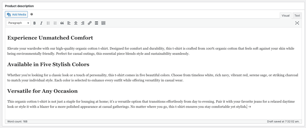 WooCommerce product description generated by Hostinger AI Content Creator