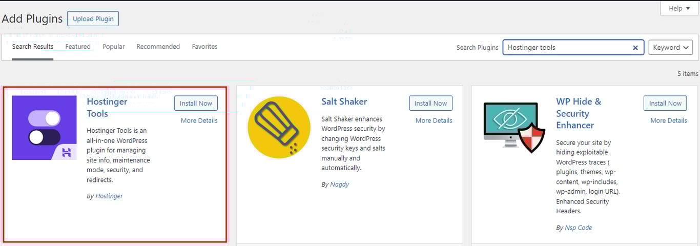 The Hostinger Tools plugin on WordPress official repository is highlighted