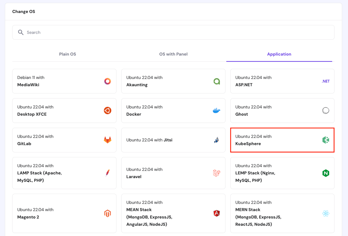 The Ubuntu 22.04 with KubeSphere template on Hostinger's VPS