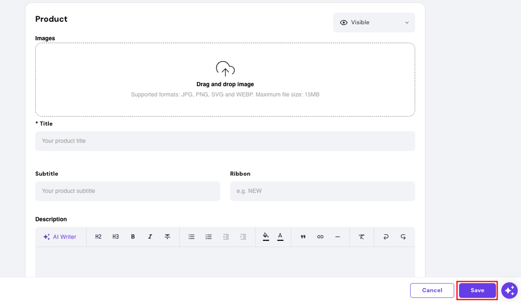 Hostinger AI Website Builder add product page highlighting save button