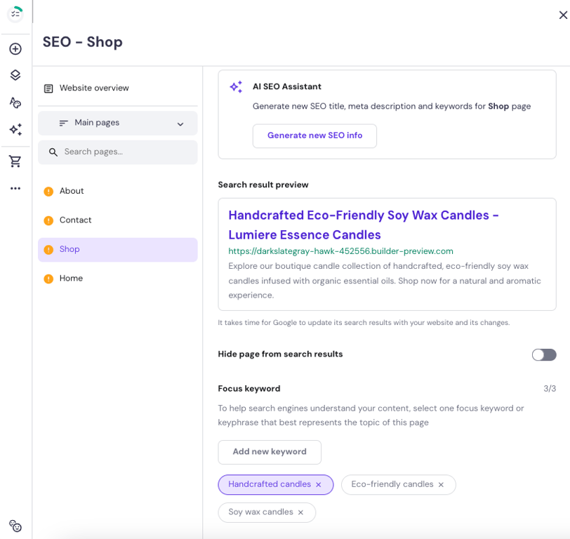 Hostinger Website Builder SEO shop page