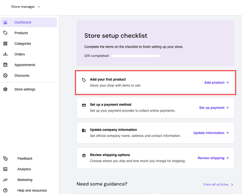 Hostinger Website Builder store manager highlighting add product option