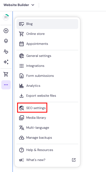 Hostinger Website Builder website settings page highlighting SEO settings option