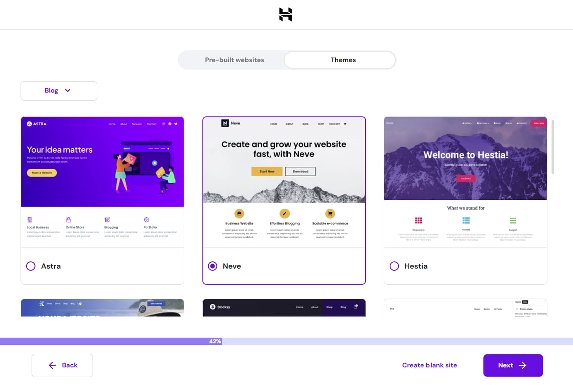 Installing a WordPress theme via Hostinger's onboarding flow