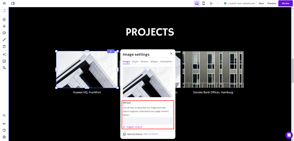 Adding alt text description using Hostinger Website Builder