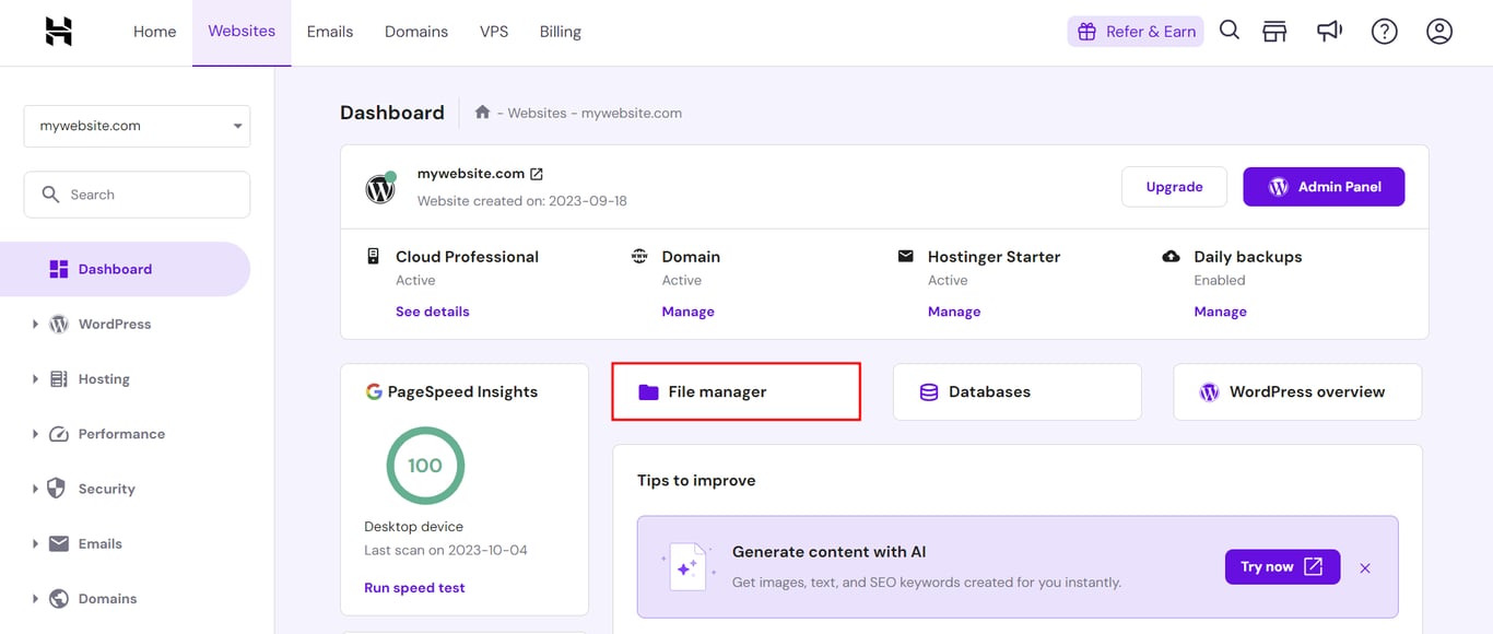 hPanel dashboard, highlighting the button to access File Manager