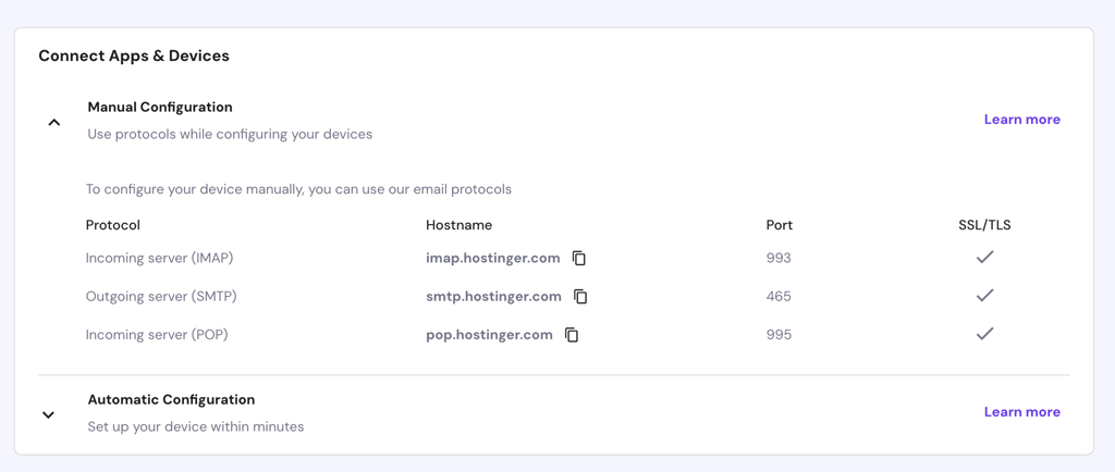 The Manual Configuration section in hPanel