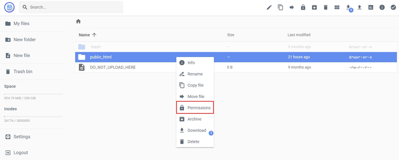 Hostinger's File Manager, highlighting the option to change folder permissions