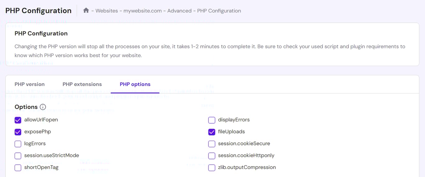 PHP Configuration page in hPanel displaying the PHP options tab