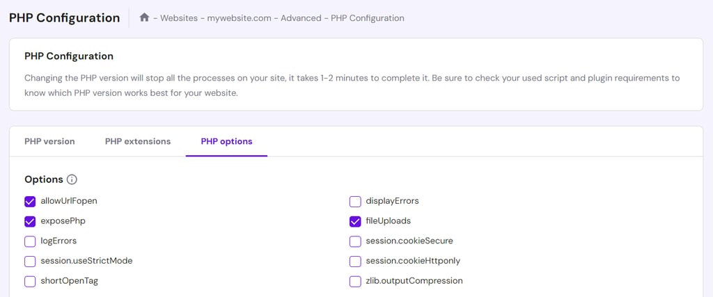 PHP Configuration page in hPanel displaying the PHP options tab