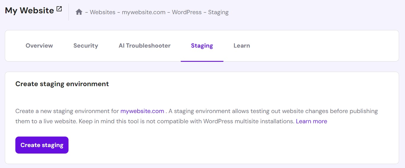 Hostinger's staging tool in hPanel
