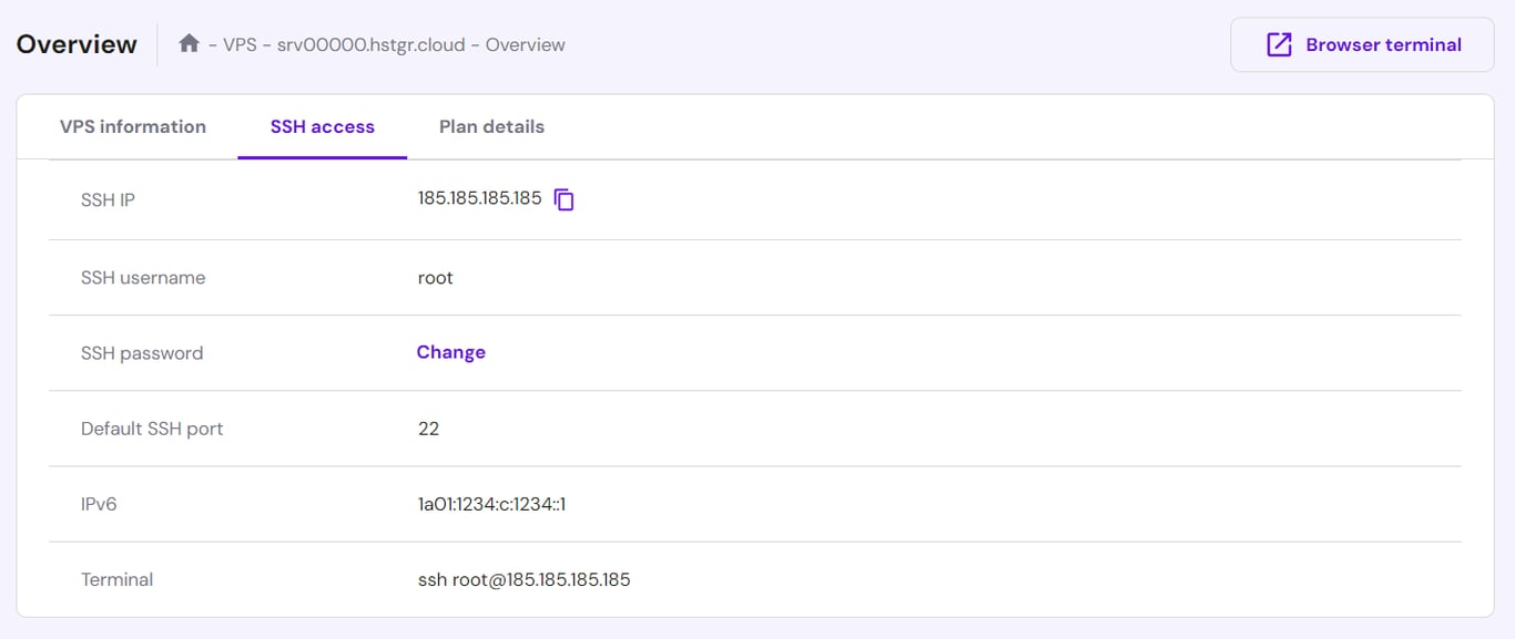 VPS overview in Hostinger's hPanel, showing SSH access details