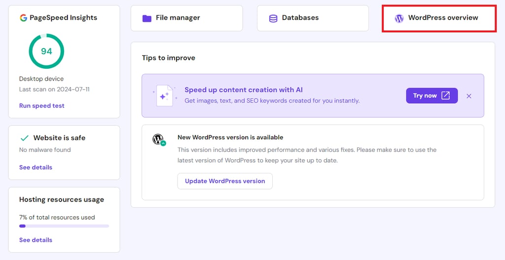 The WordPress overview button in hPanel dashboard is highlighted