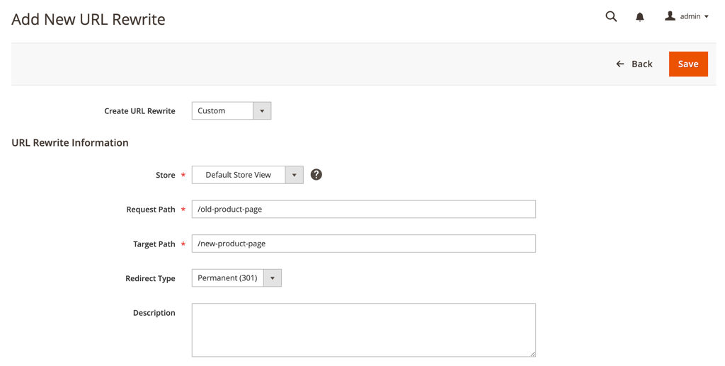 The Add New URL Rewrite options in Magento