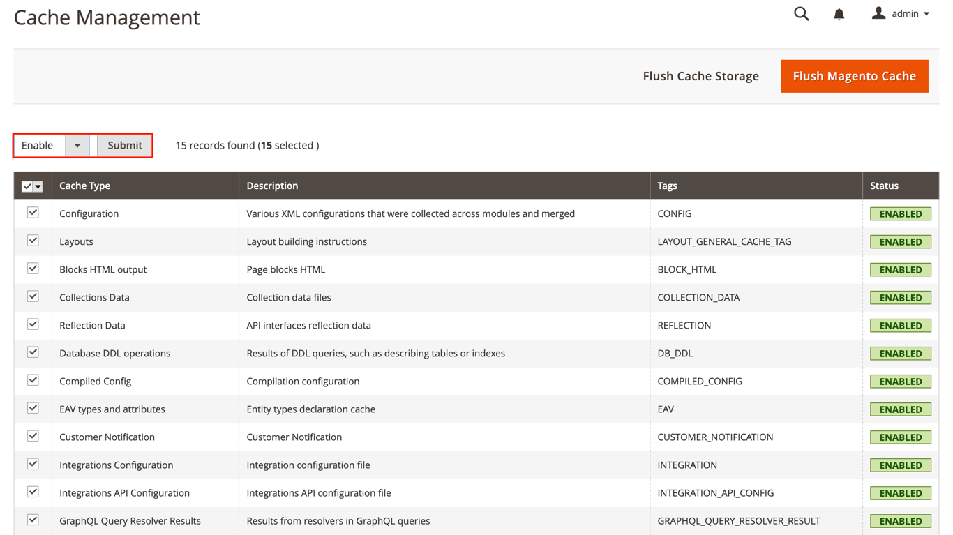 Magento admin panel showing the Cache Management options with cache types enabled