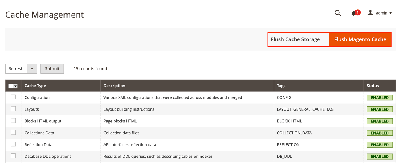 The Flush Cache Storage and Flush Magento Cache buttons in Magento