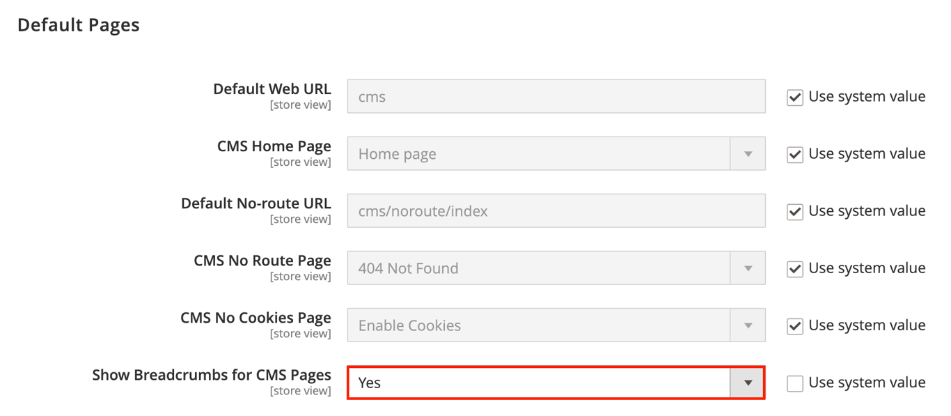 Magento admin panel highlighting the Show Breadcrumbs for CMS Pages option in the Default Pages section