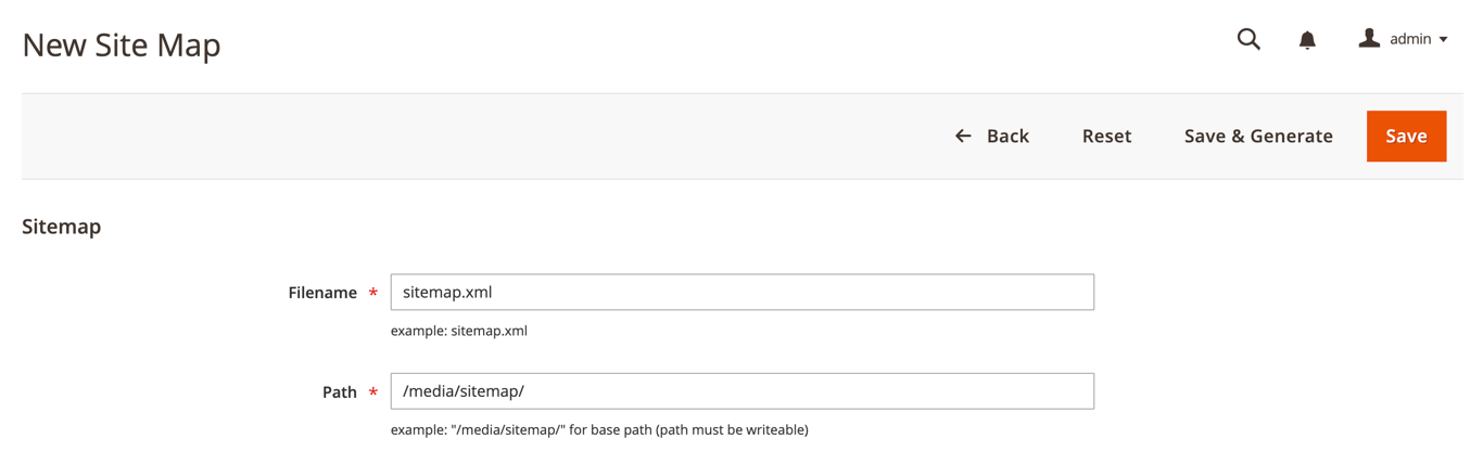 Magento admin panel showing the Add New Sitemap form with filename and path fields