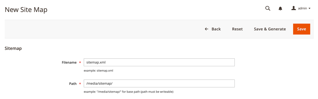 The New Site Map fields in Magento