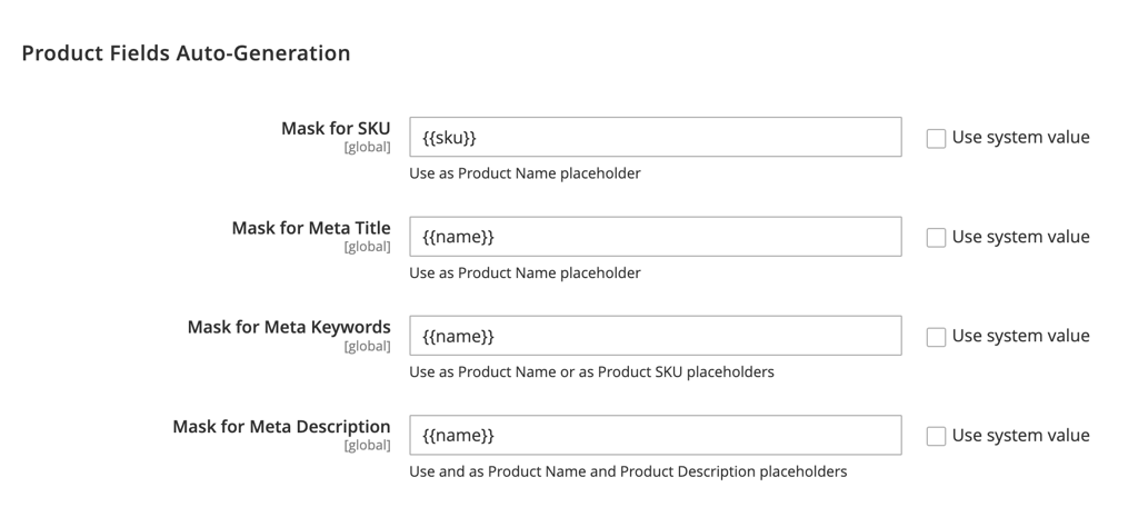 The Product Fields Auto-Generation options in Magento