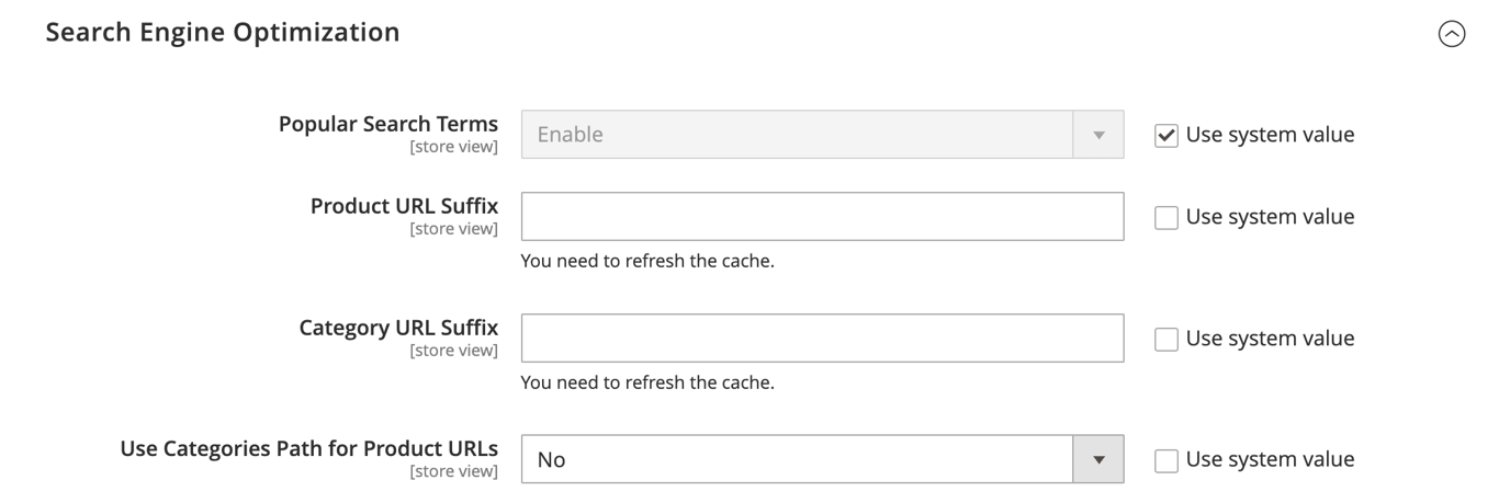 Magento admin panel showing the Use Categories Path for Product URLs setting in the Search Engine Optimization menu