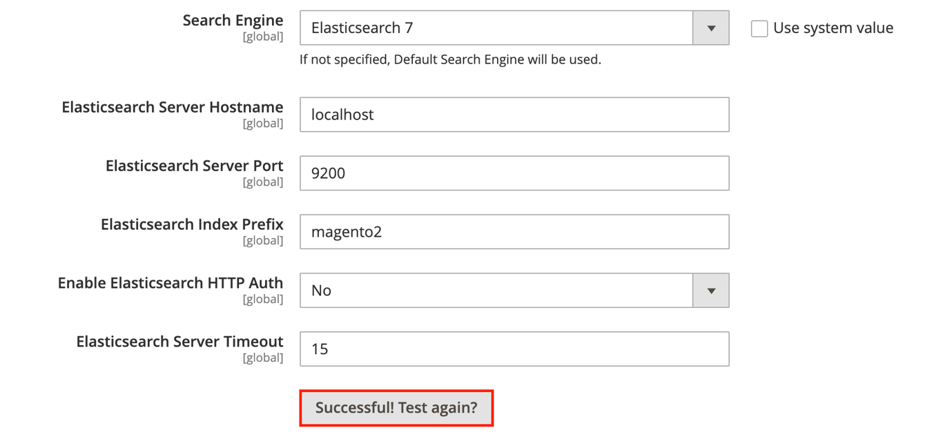 The 'Successful! Test again?' message in Magento