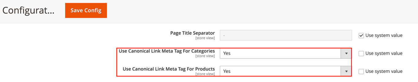 Magento admin panel highlighting the Canonical Link Meta Tag options for categories and products