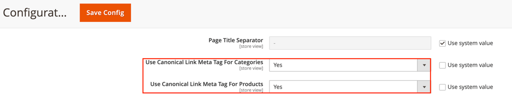 The Canonical Link Meta Tag options in Magento