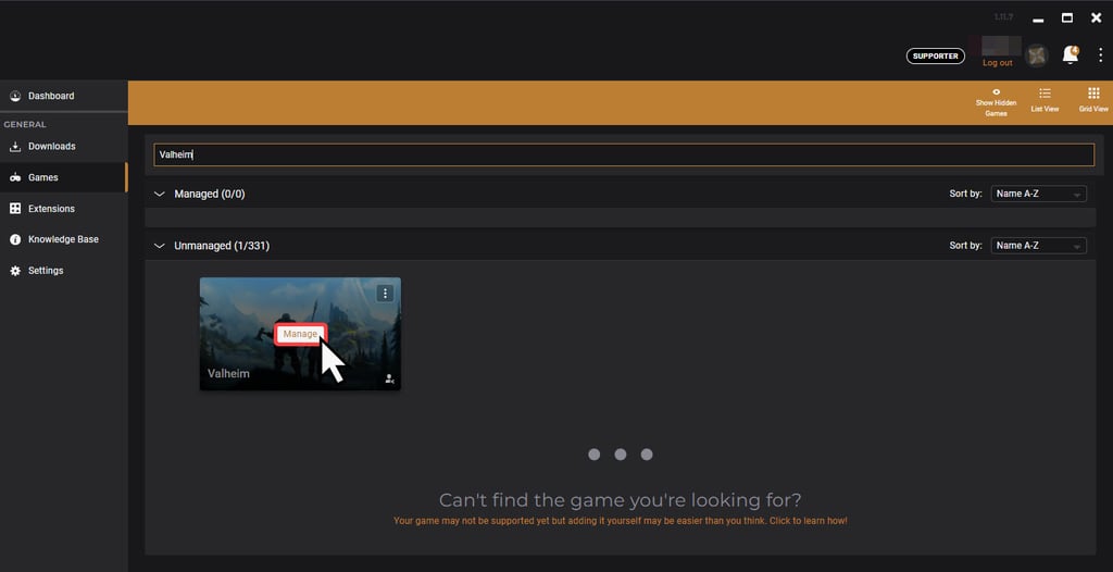 A screenshot showing how to start managing Valheim in the Vortex mod manager.