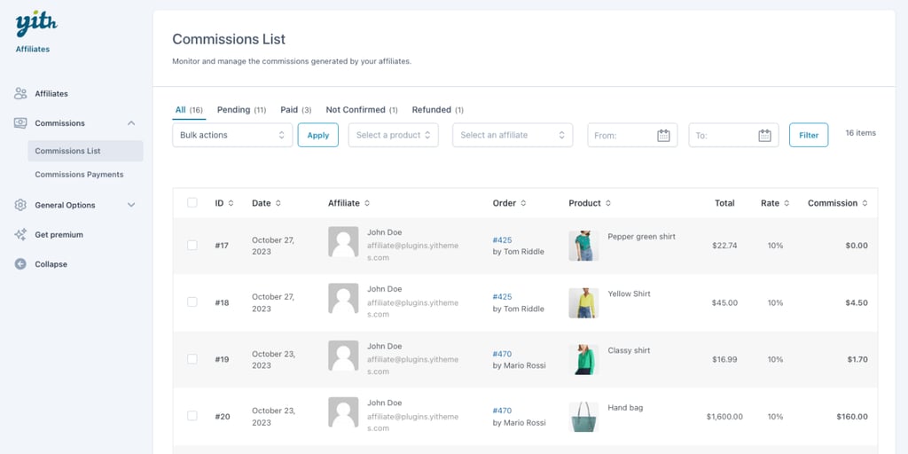 YITH WooCommerce Affiliates interface