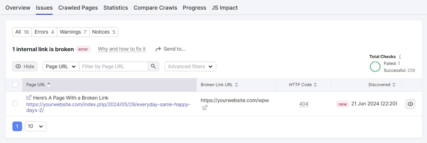 A detailed information of an issue flagged by Semrush