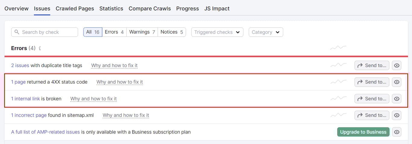 A list of issues flagged by Semrush during site audit, highlighting errors caused by broken links