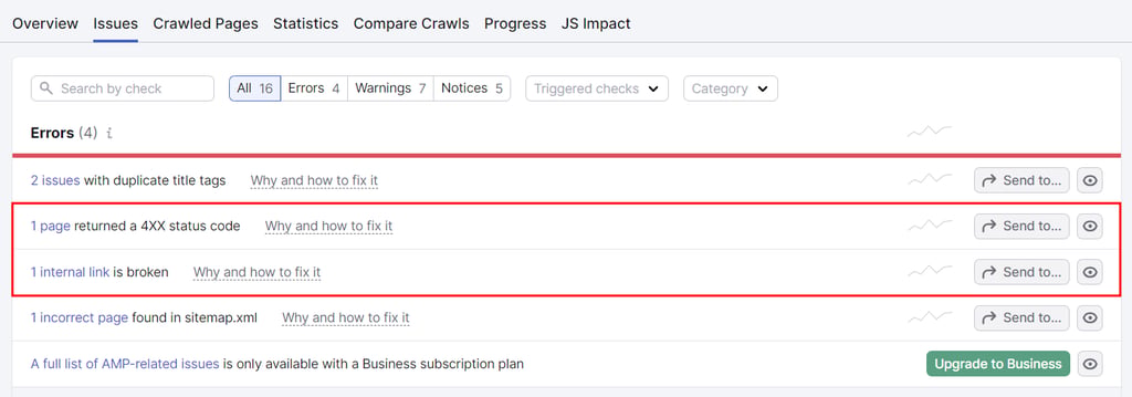 A list of issues flagged by Semrush during site audit, highlighting errors caused by broken links