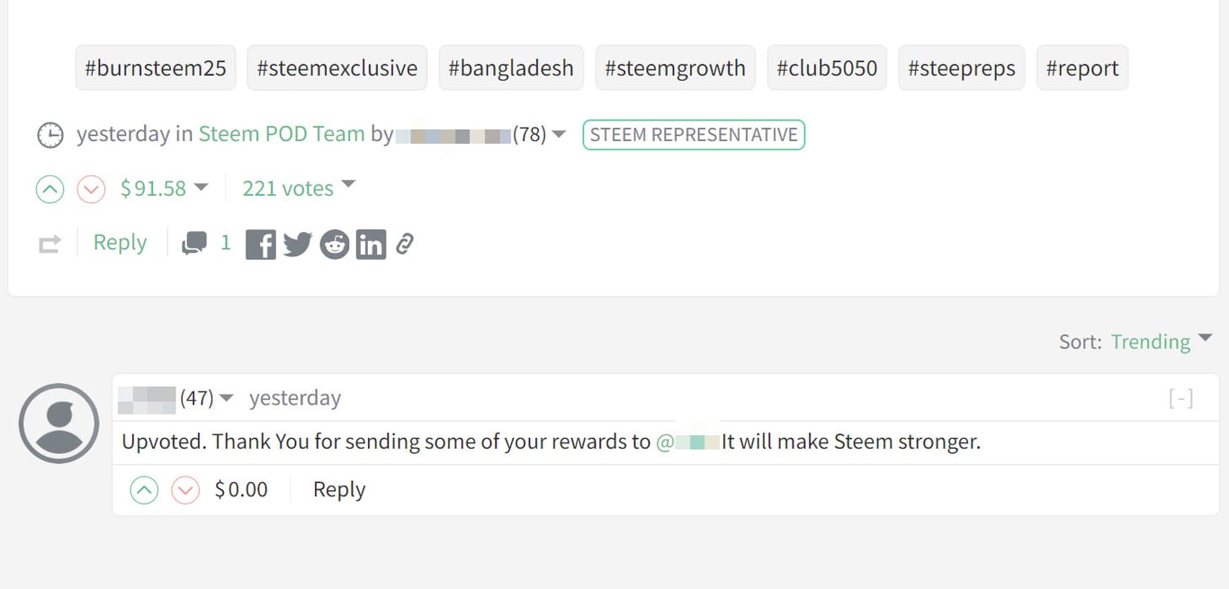 A screenshot showing a summary of a post on Steemit with a reply and typical action buttons, as well as the currency reward system for interactions.