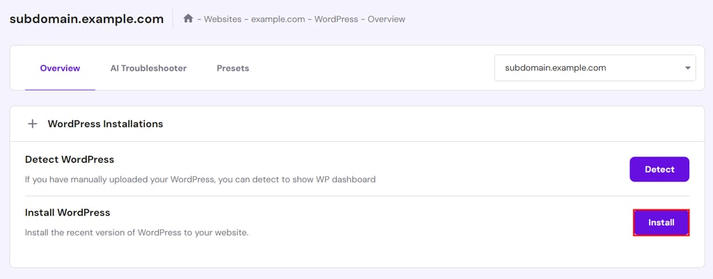 Screenshot of the list of Auto Installers provided on Hostinger's hPanel WordPress installation menu in Hostinger, highlighting the button to install WordPress on a subdomain