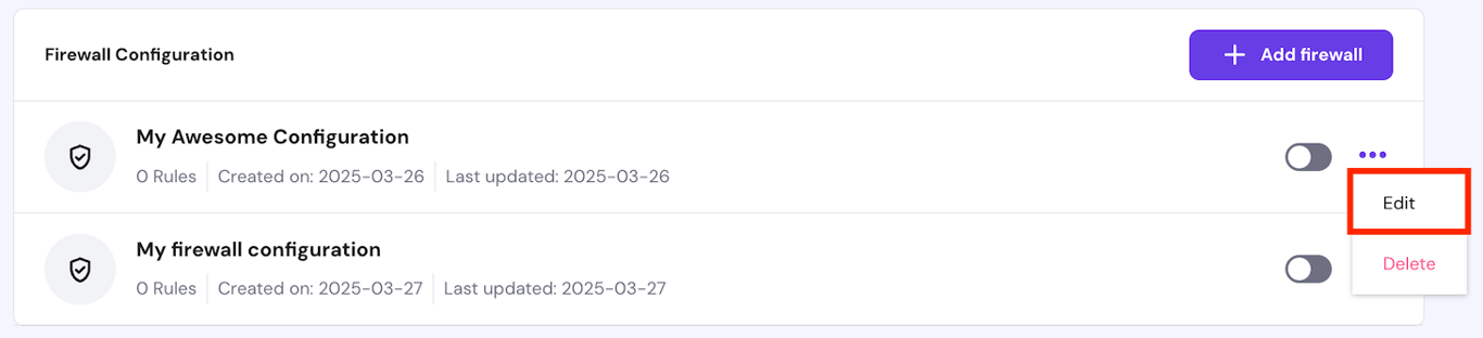 The firewall configuration's Edit button on hPanel