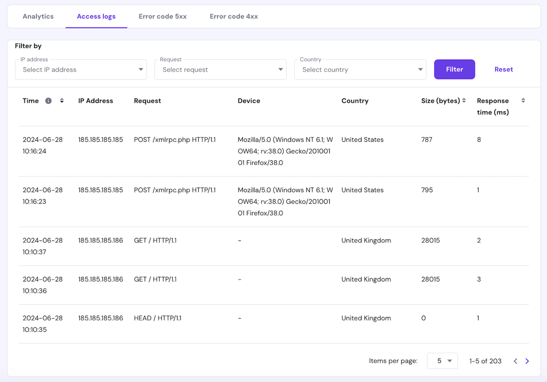 Website access log in hPanel