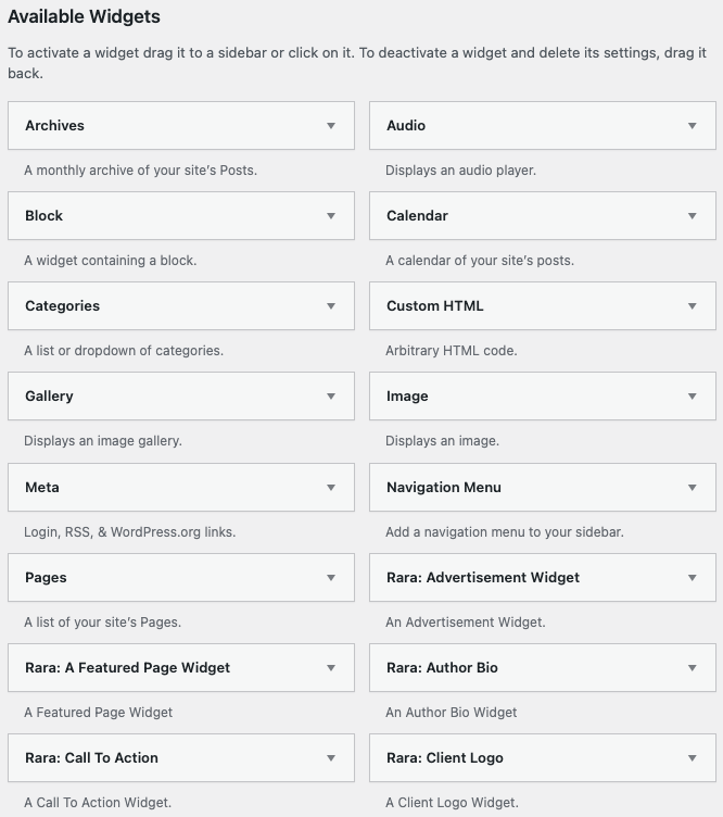 List of additional widgets from the RaraTheme Companion plugin in the Widgets screen