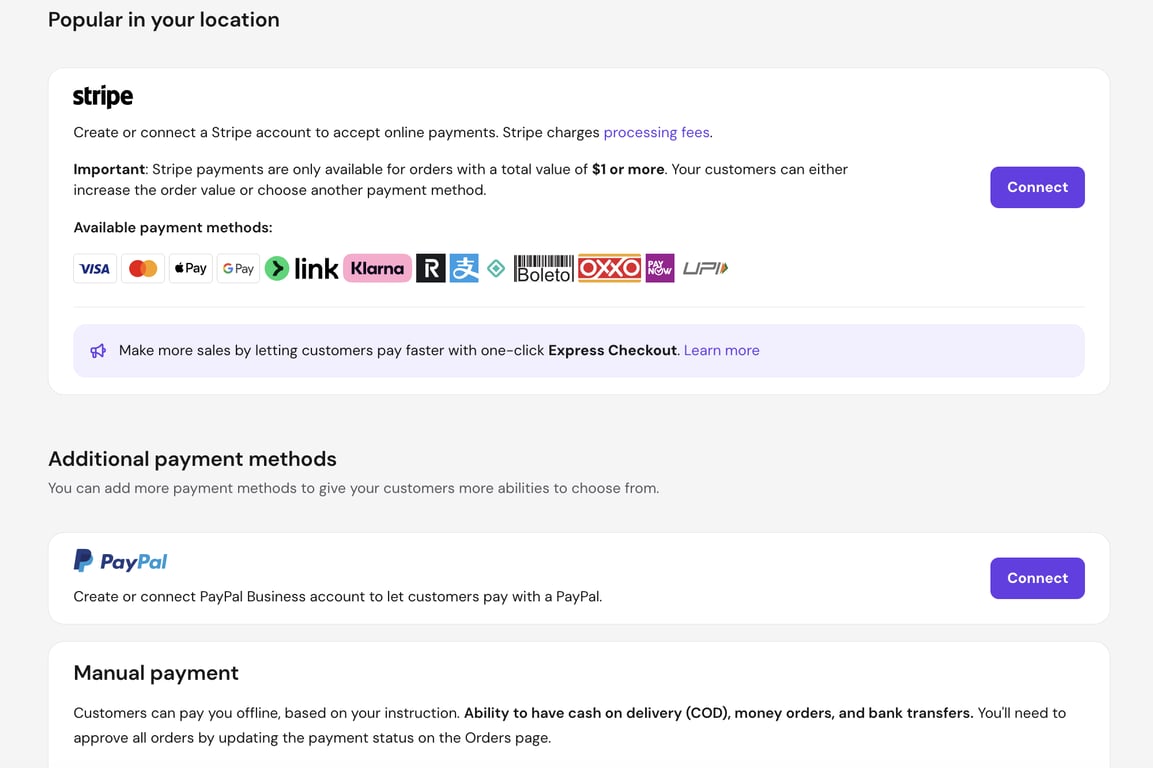 Hostinger Ecommerce supported payment methods