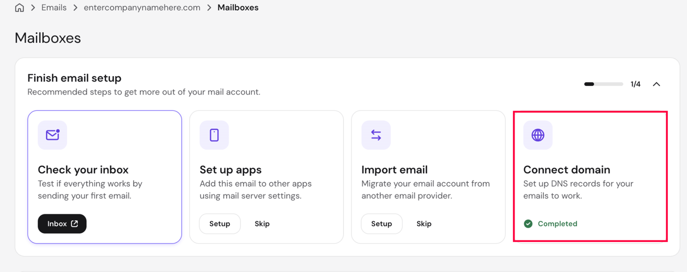 Hostinger Mailboxes page showing email setup steps, with the completed Connect domain step highlighted.