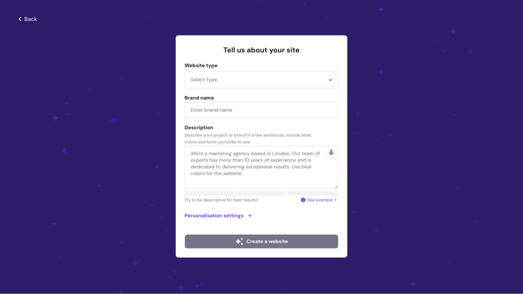 AI Website Builder questionnaire