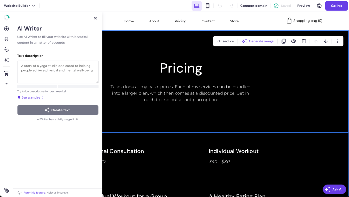 Hostinger Website Builder interface with the AI Writer tool panel, with a field to add text description and a button to create text