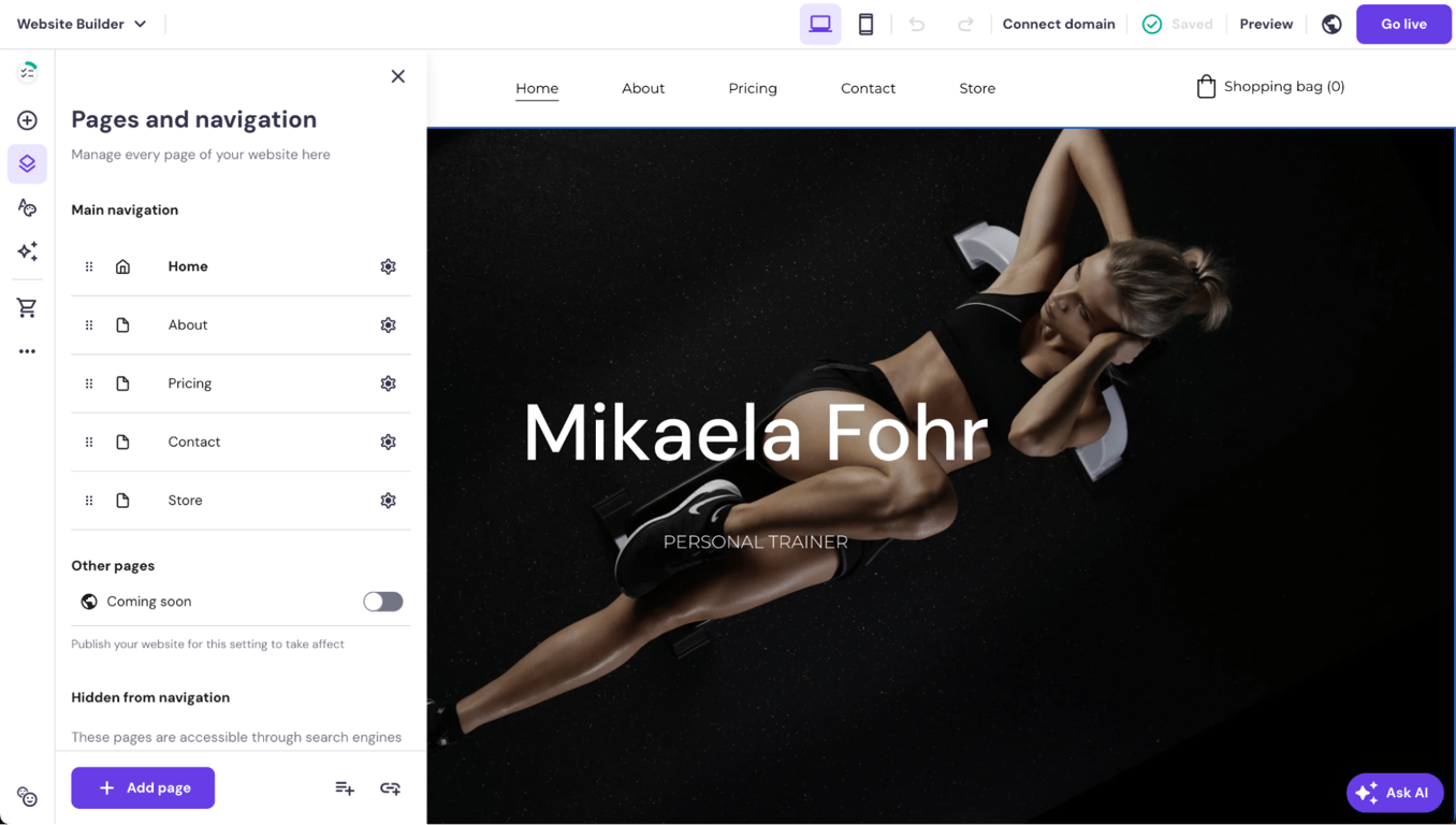 Hostinger Website Builder site editor interface with the Pages and navigation panel open in the left sidebar